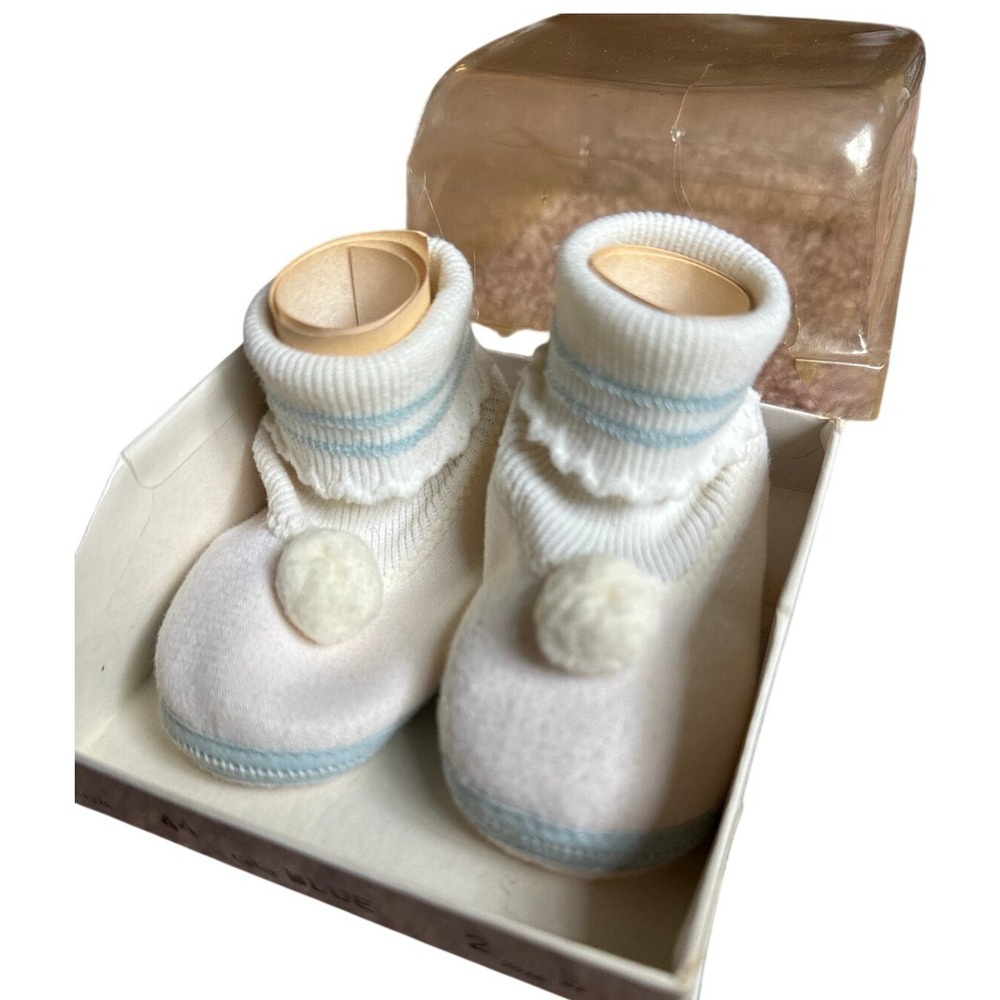 Vintage Mrs Days Ideal‎ Baby Shoe Co Crib Shoes White Blue Pom Pom Booties Boxed